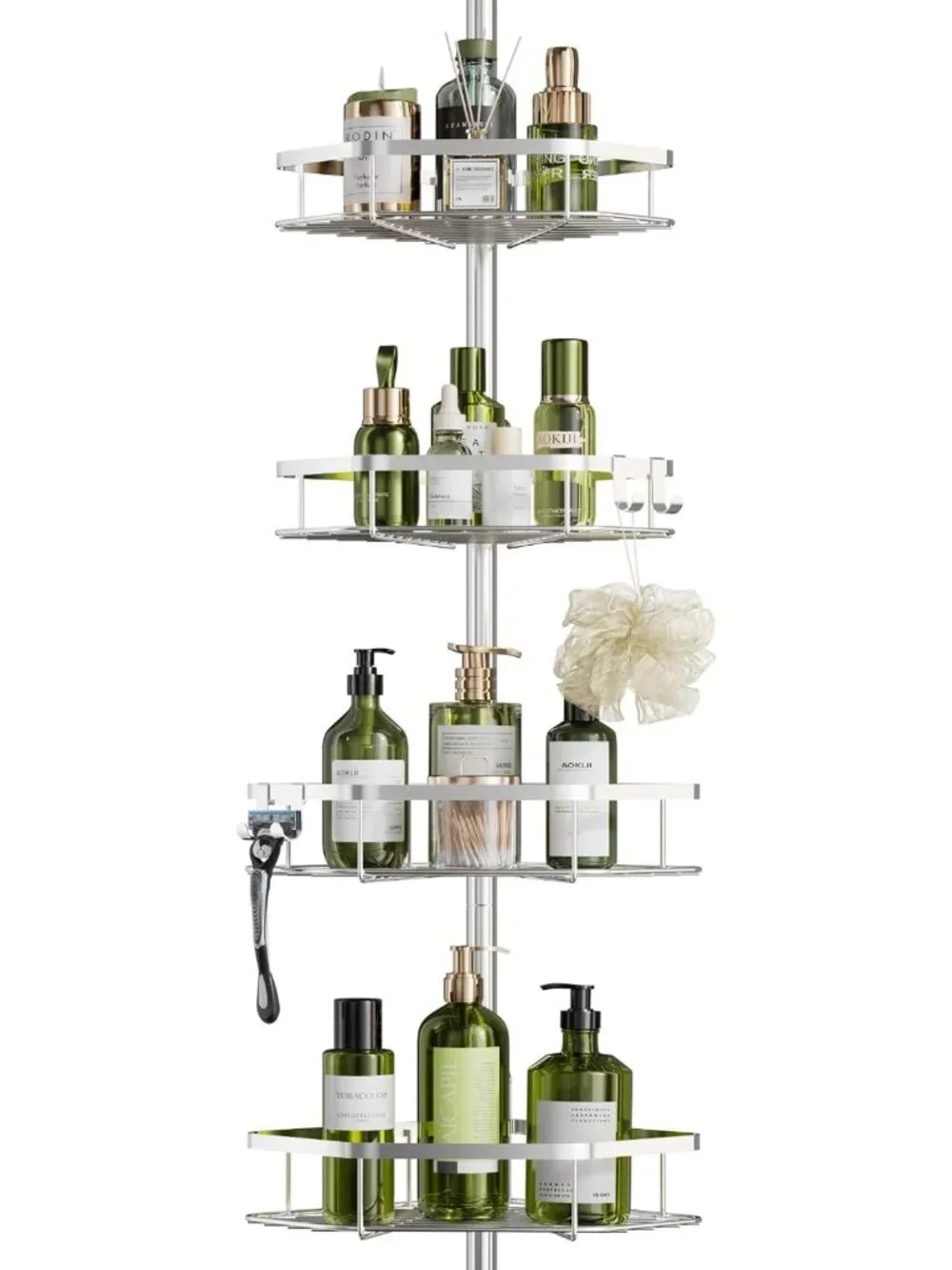 Stainless Steel Corner Shower Caddy - Adjustable 4-Tier Organizer with Hooks